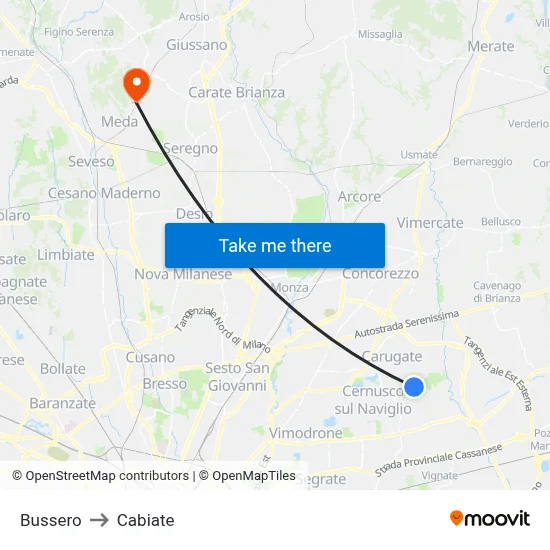 Bussero to Cabiate map