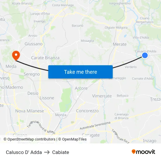 Calusco d'Adda to Cabiate map