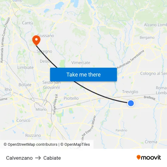 Calvenzano to Cabiate map