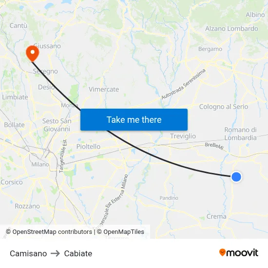 Camisano to Cabiate map