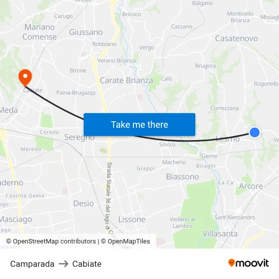 Camparada to Cabiate map