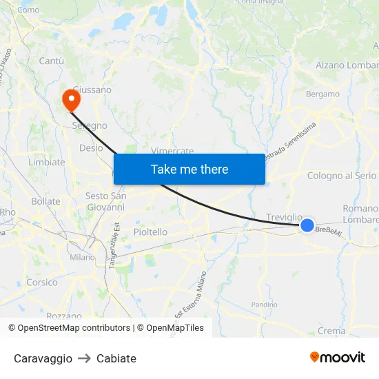 Caravaggio to Cabiate map