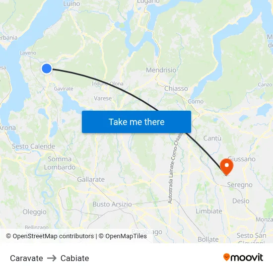 Caravate to Cabiate map