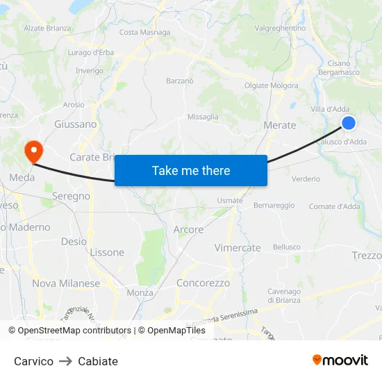 Carvico to Cabiate map