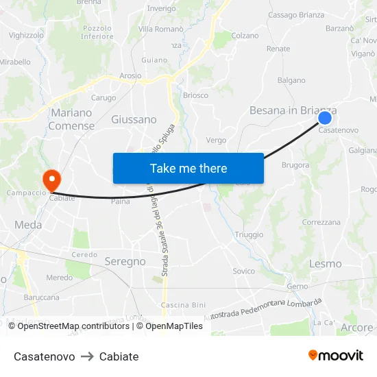 Casatenovo to Cabiate map