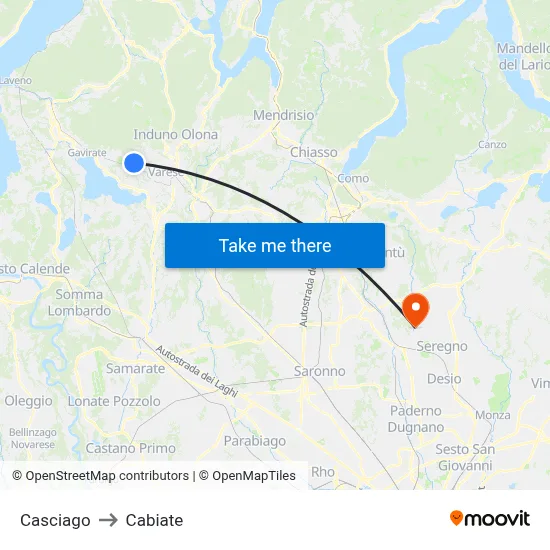 Casciago to Cabiate map