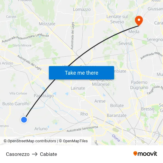 Casorezzo to Cabiate map