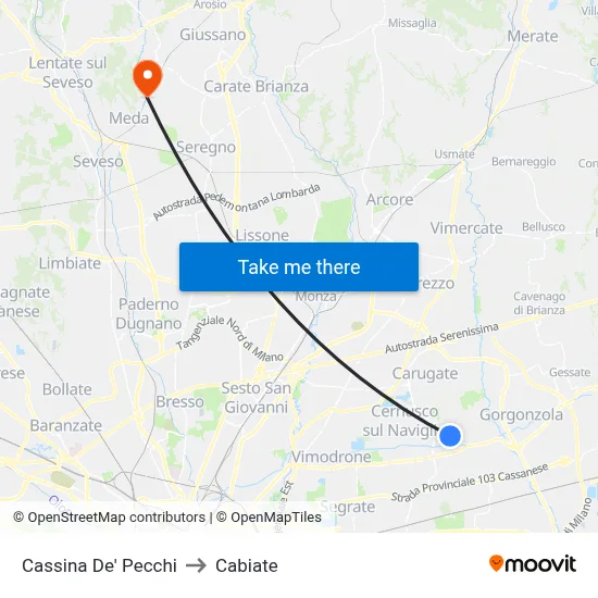 Cassina De' Pecchi to Cabiate map