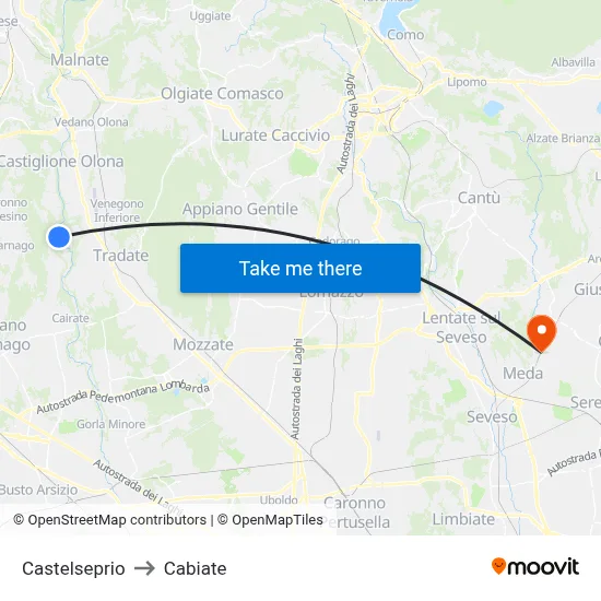 Castelseprio to Cabiate map