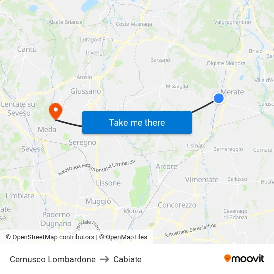 Cernusco Lombardone to Cabiate map
