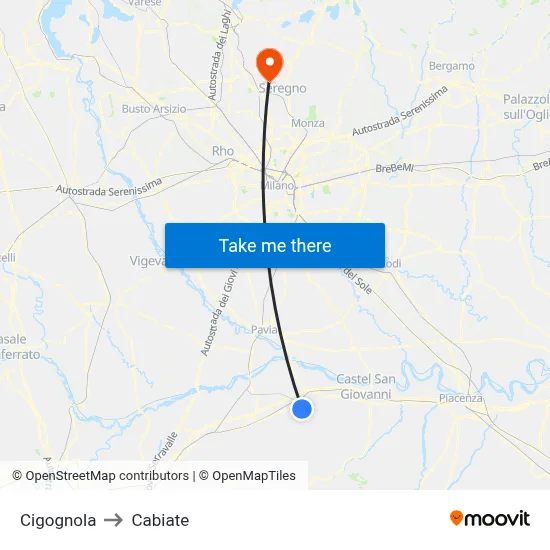 Cigognola to Cabiate map