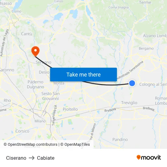 Ciserano to Cabiate map