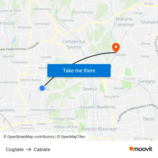 Cogliate to Cabiate map