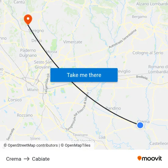 Crema to Cabiate map