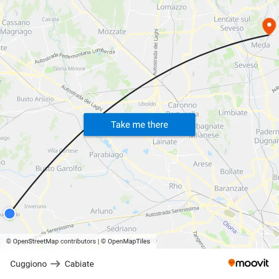 Cuggiono to Cabiate map