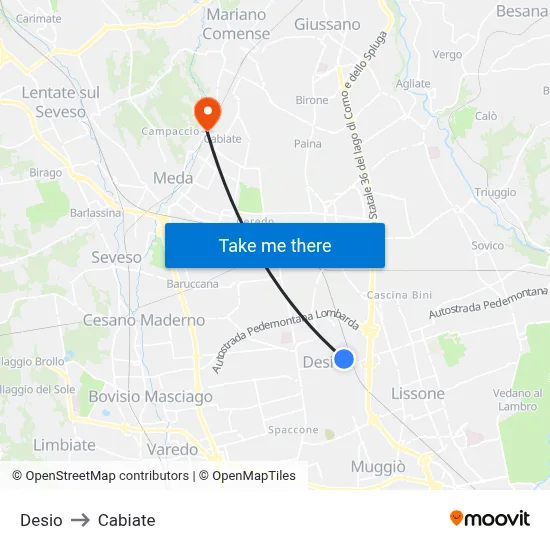 Desio to Cabiate map