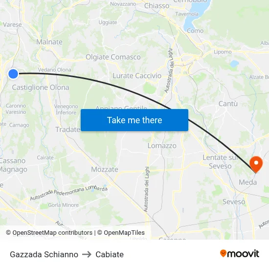 Gazzada Schianno to Cabiate map