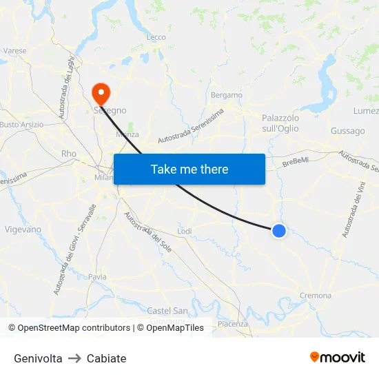 Genivolta to Cabiate map