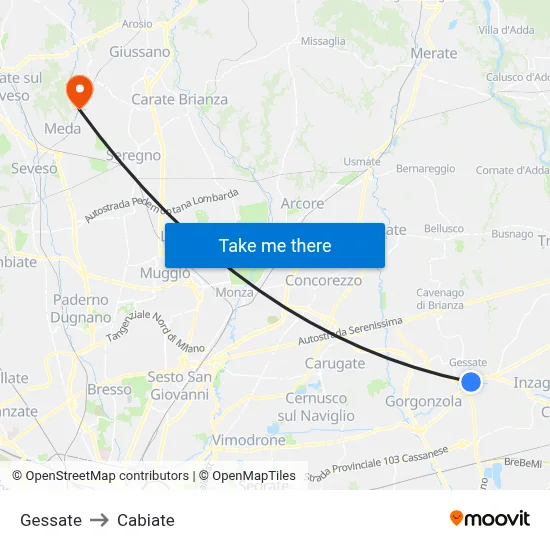 Gessate to Cabiate map
