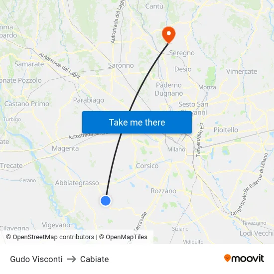 Gudo Visconti to Cabiate map