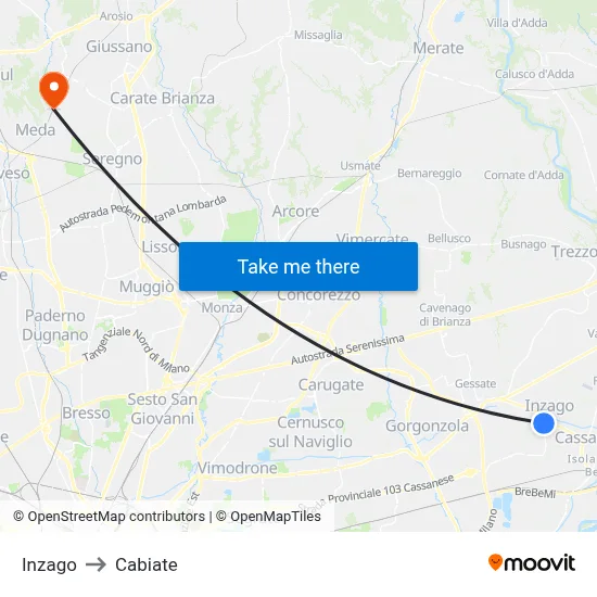 Inzago to Cabiate map