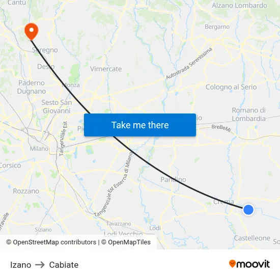Izano to Cabiate map