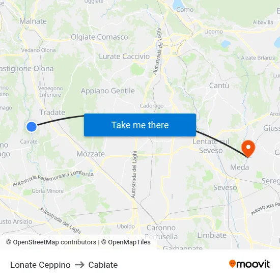 Lonate Ceppino to Cabiate map