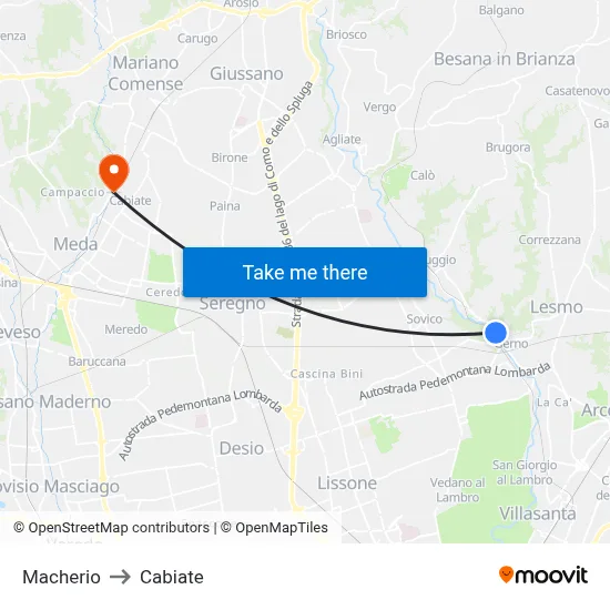 Macherio to Cabiate map