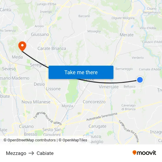 Mezzago to Cabiate map