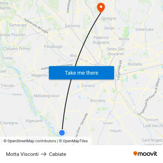 Motta Visconti to Cabiate map