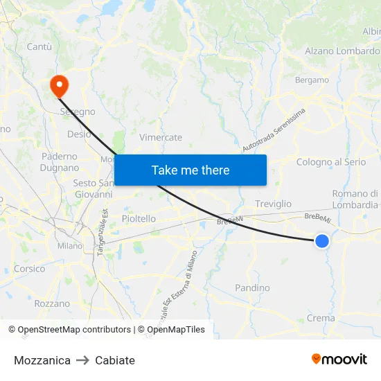 Mozzanica to Cabiate map