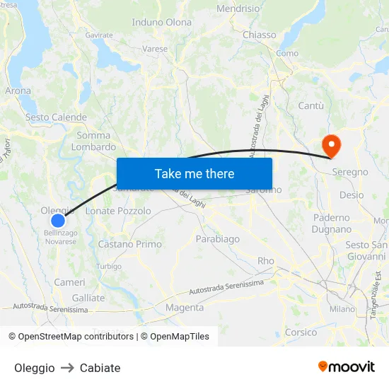 Oleggio to Cabiate map