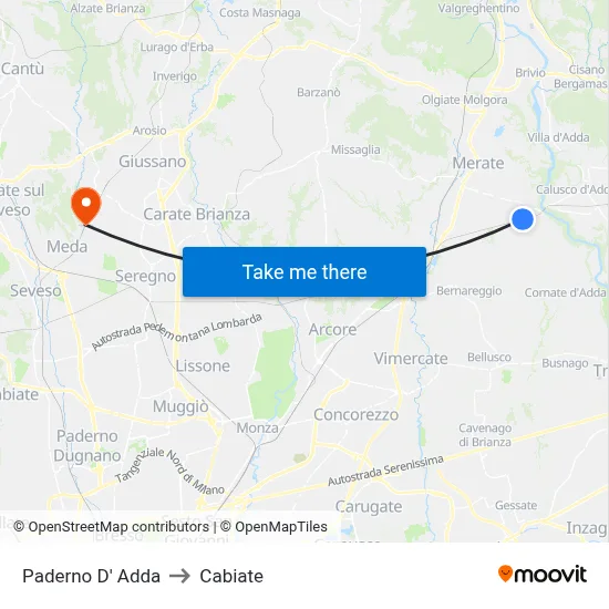 Paderno D'Adda to Cabiate map