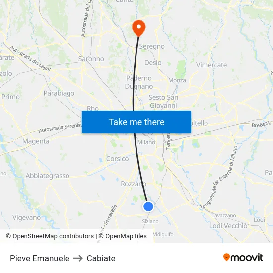 Pieve Emanuele to Cabiate map