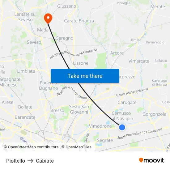 Pioltello to Cabiate map