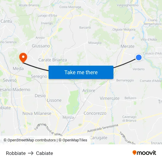 Robbiate to Cabiate map