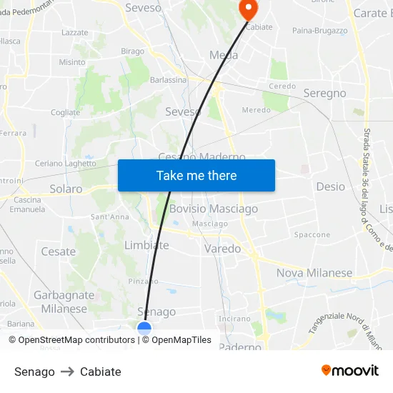 Senago to Cabiate map