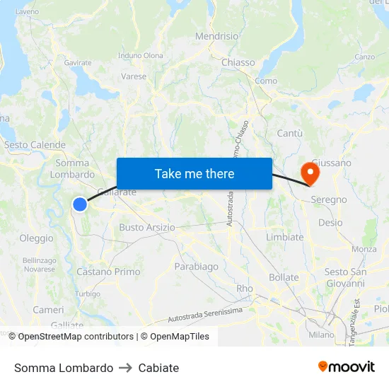 Somma Lombardo to Cabiate map