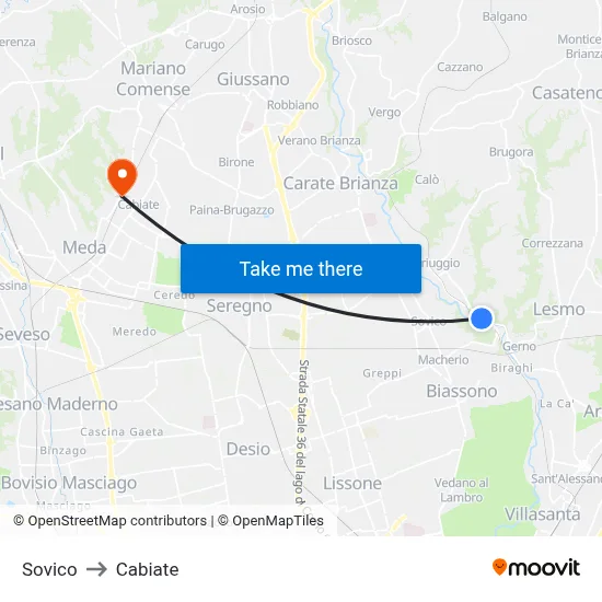 Sovico to Cabiate map