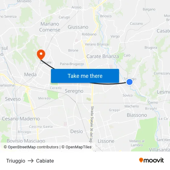 Triuggio to Cabiate map