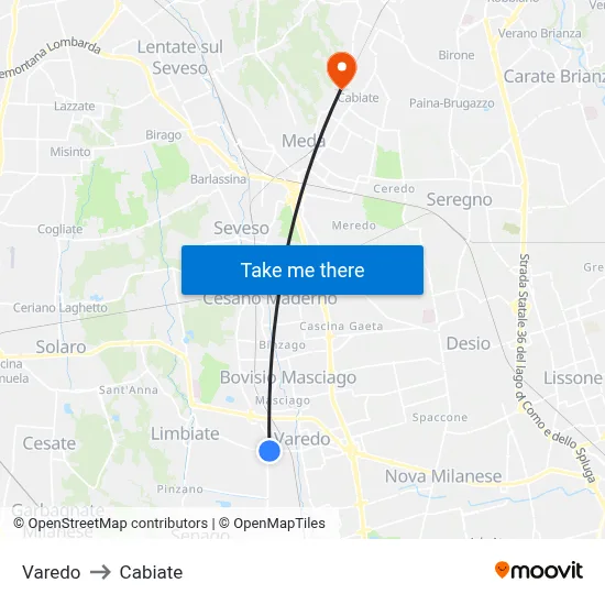Varedo to Cabiate map