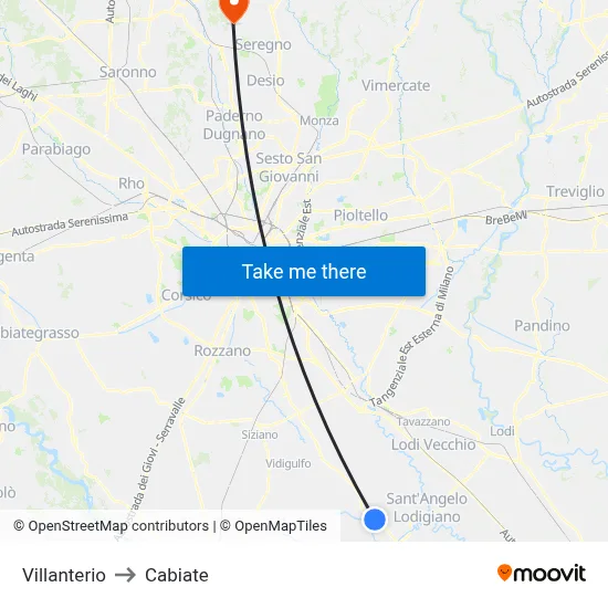 Villanterio to Cabiate map