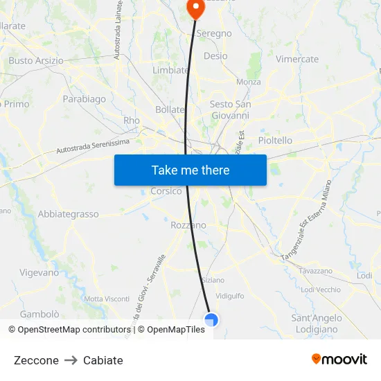 Zeccone to Cabiate map