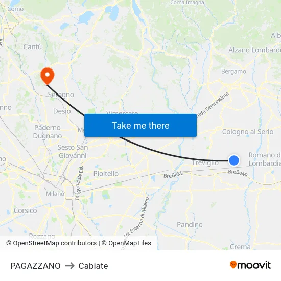 Pagazzano to Cabiate map