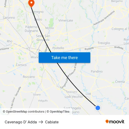 Cavenago D' Adda to Cabiate map