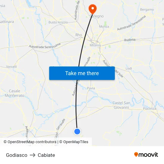 Godiasco to Cabiate map