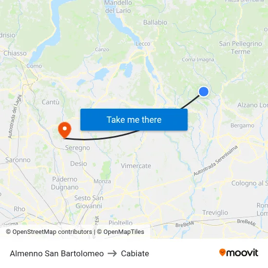 Almenno San Bartolomeo to Cabiate map