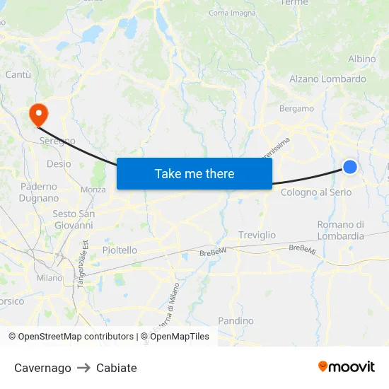 Cavernago to Cabiate map