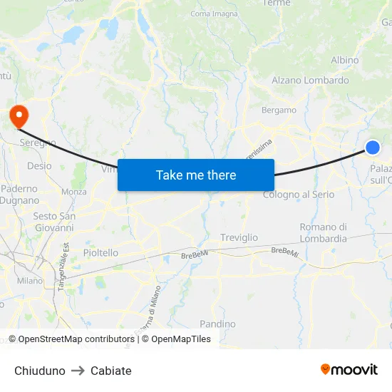 Chiuduno to Cabiate map