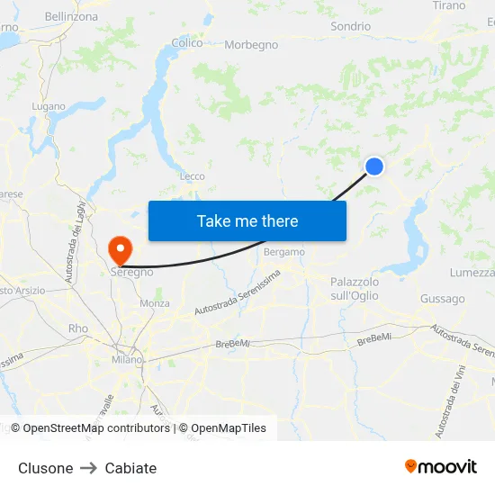 Clusone to Cabiate map